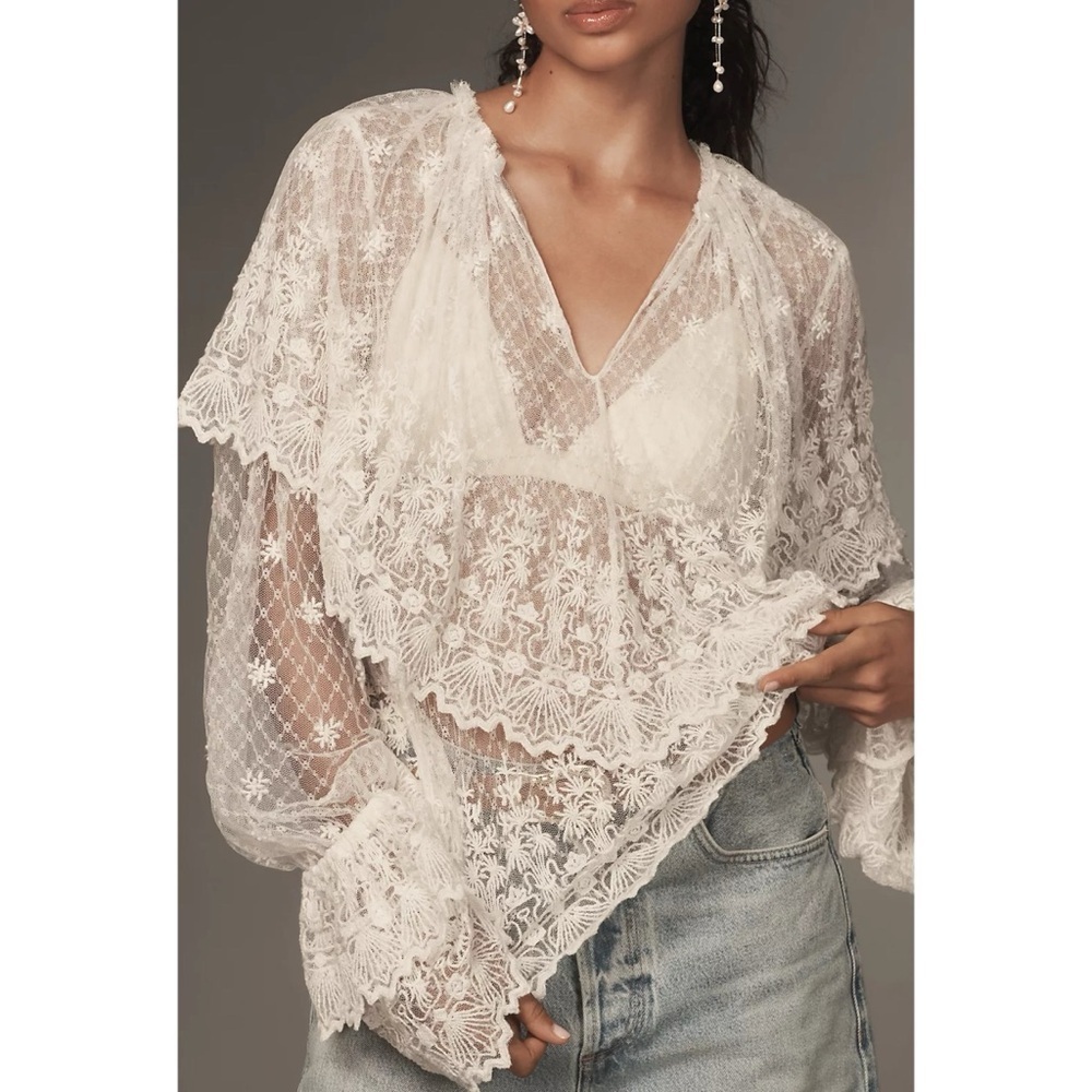 NWT Anthropologie Lace Sheer Long-Sleeve Top Ivory XS
